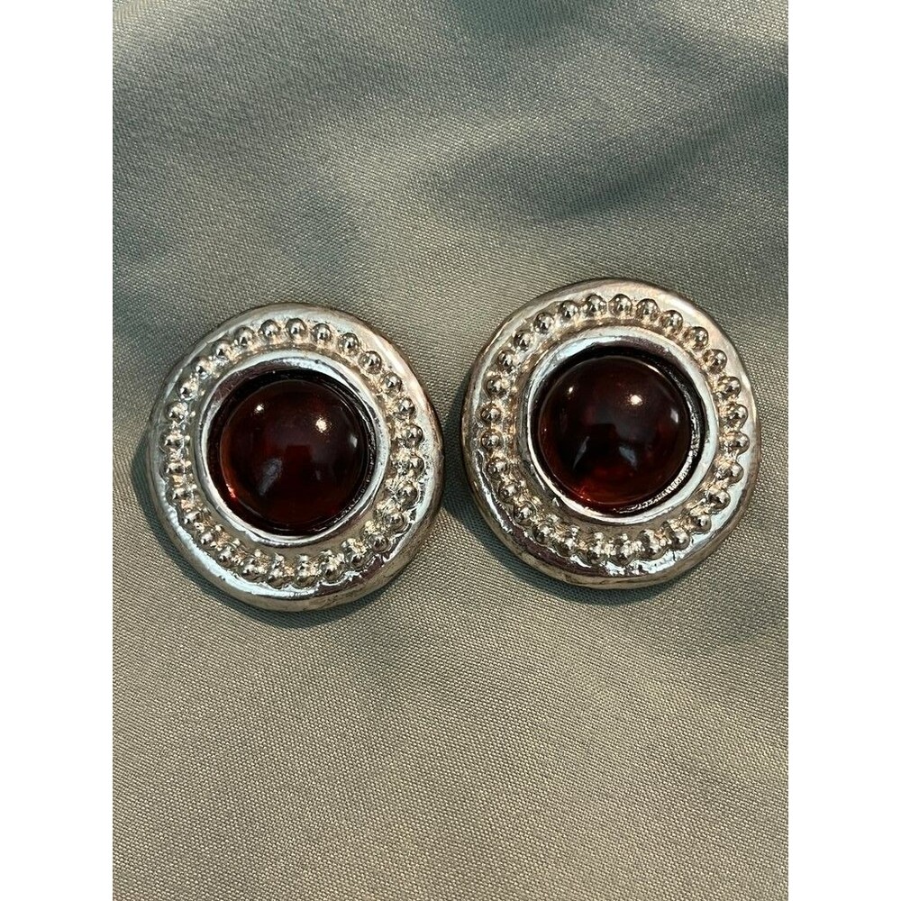 Vintage Silver Tone Clip-On Earrings with Faux Garnet Center